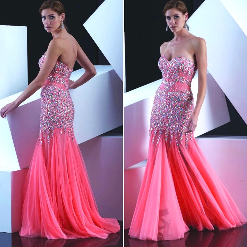 Jasz Couture 5353 coral embellished dress size 2